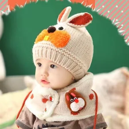Hot Selling Winter Knit Bay Hat And Scarf Gloves Set Rabbit Plush Crochet Wool Baby Hat For Kids
