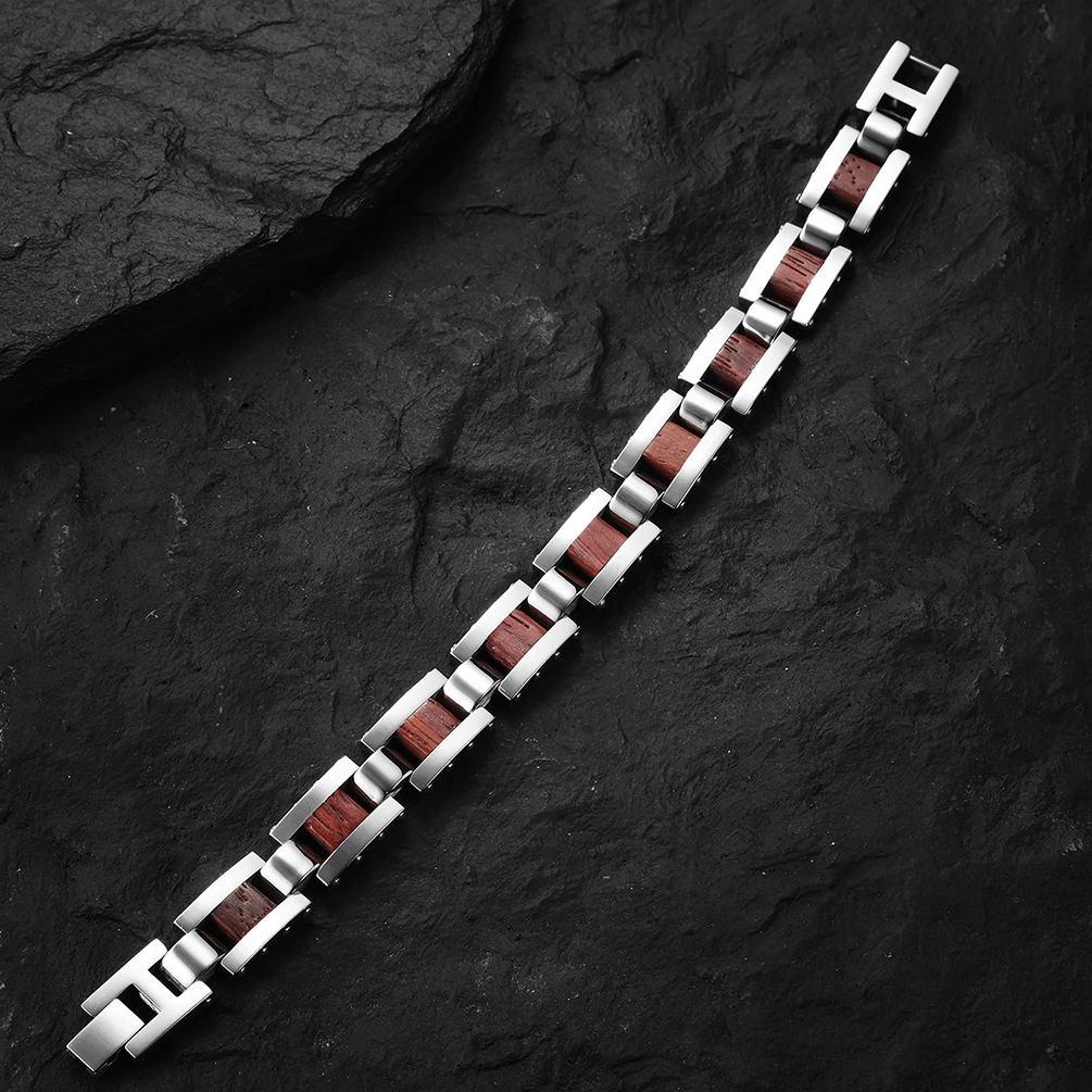 High Polished Men Stainless Steel With Wood Inlay Bracelets Custom Fine Bangles Bracelet Mens