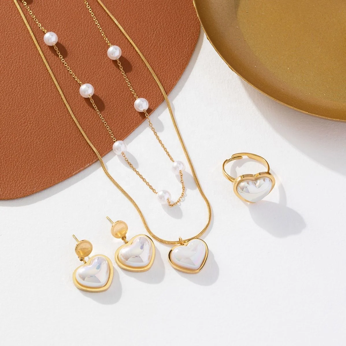 Jewelry Set Stainless Steel 18K PVD Gold Pearl Shell Emerald Zircon Heart Butterfly Pendant Necklace Ring Earrings Bracelet Set