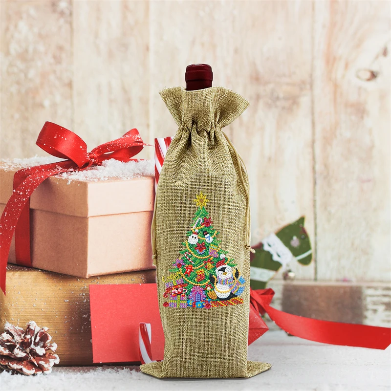 Drawstring bundle mouth waterproof linen wine package bag Christmas gift DIY diamond painting Red wine bags