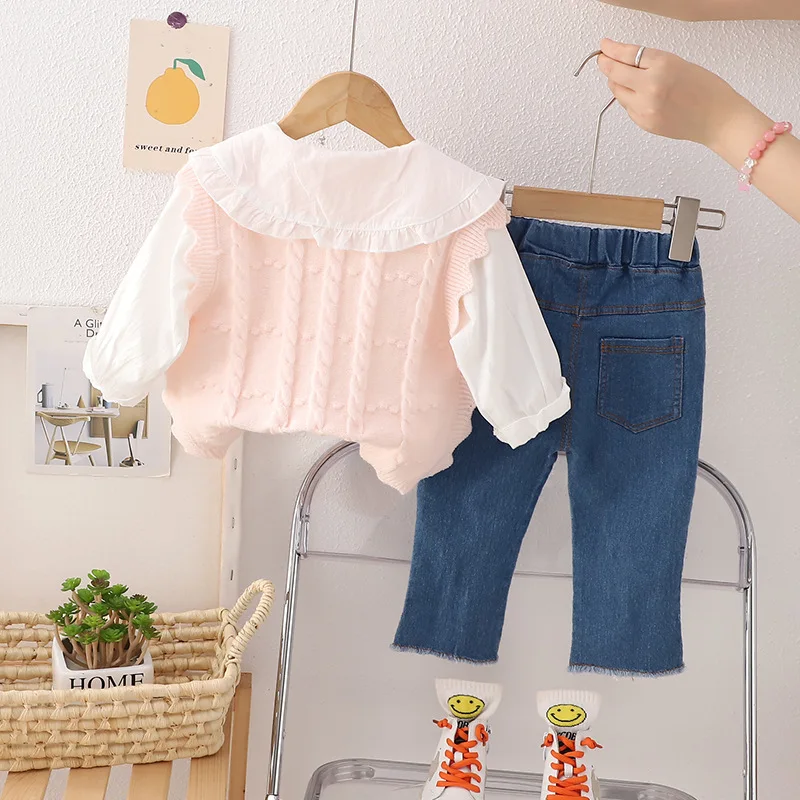 New arrival spring autumn toddler girls knitting sweater vest + floral collar shirt + jeans pants 3 pieces clothing set