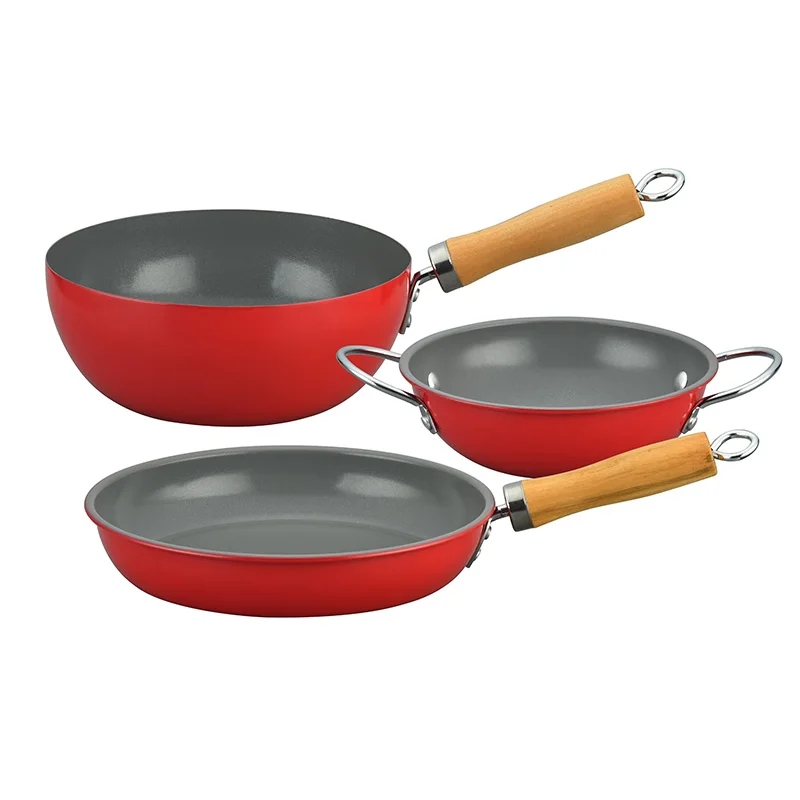 3pcs Cookware Pot Set Carbon Steel Professional Wooden Handle Cooking Pot Ware Non Stick Cookware Set