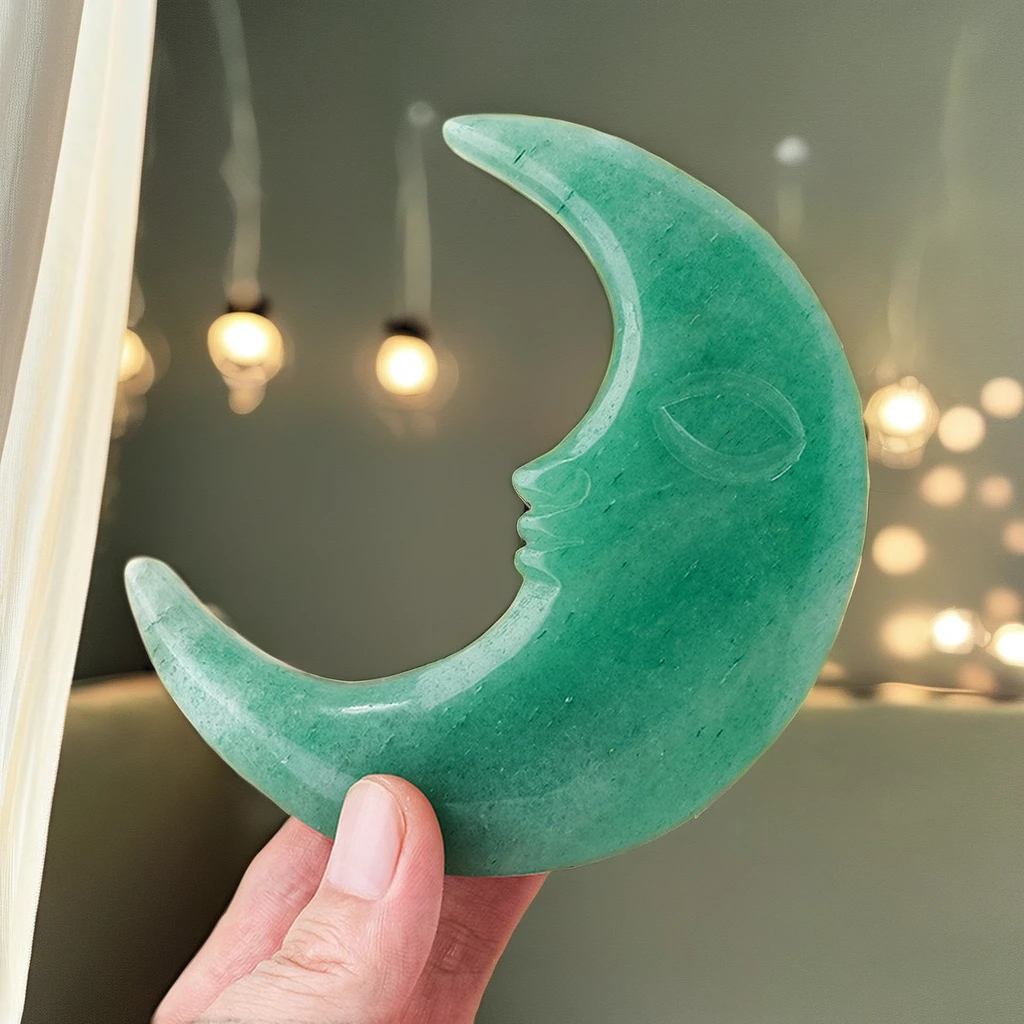 Carved Crescent Moon Black Obsidian Green Aventurine Unique Animal Theme Home Decoration Gift/Souvenir Made of Crystal
