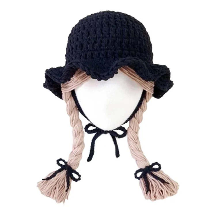 wholesale pink crochet wool baby girls wig hat with plaits children autumn winter fashion wig hat