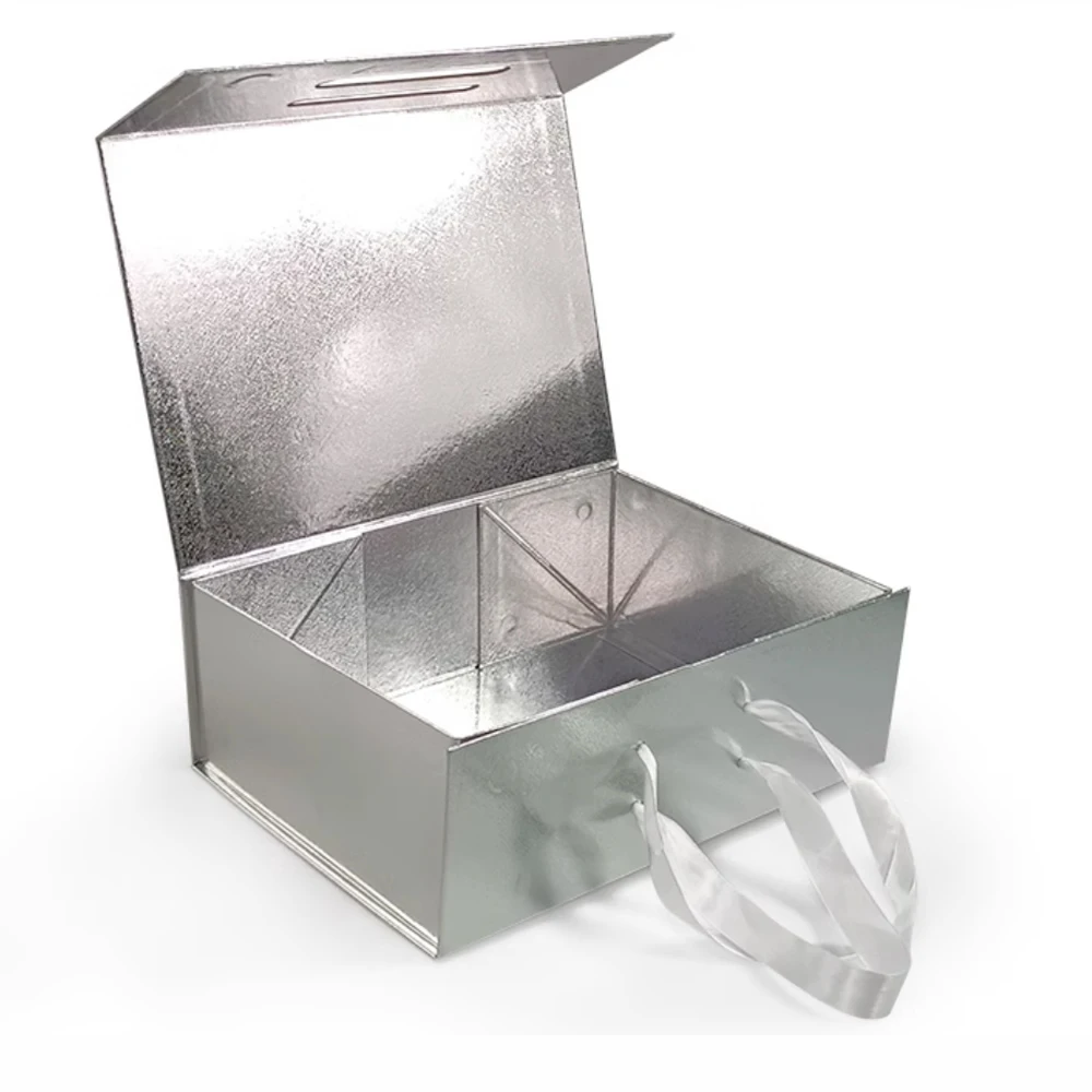 Wholesale Luxury Customized Wedding Dress Packaging Paper Box Silver Large Rigid Cardboard Gift Packaging Box with Handle Accept