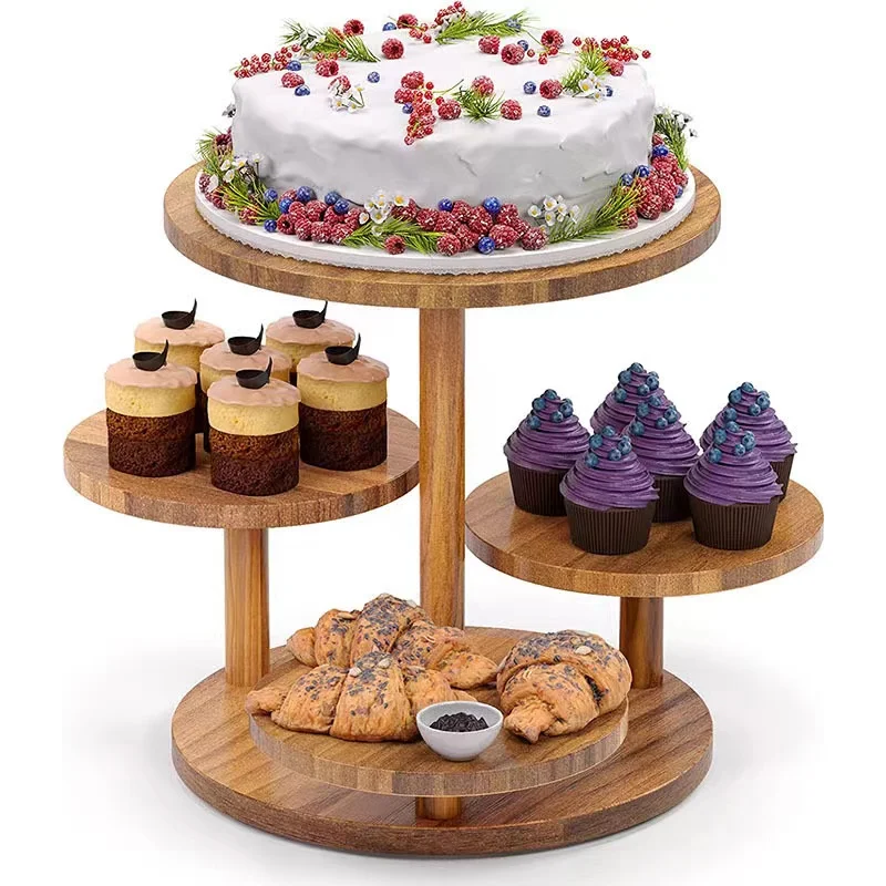 Wholesale Wedding Party 3 Tiers Round Shape  Cake Display Stand Accessory Wooden Original Wood Color Cake Stand