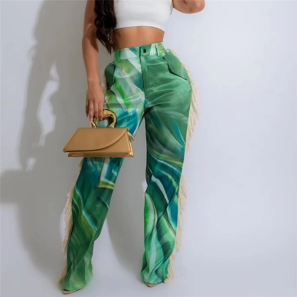 Hot Sale Fall Winter Autumn New Fashion Colorful Printed Pattern Pants Women Ladies Straight Trouser Casual Fringe Tassel Pants