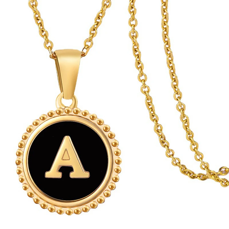 Dainty Necklace Initials 14K Gold Stainless Steel Round Shell Gold Enamel Pendant Jewellery Metal Alphabet Letter Pendants