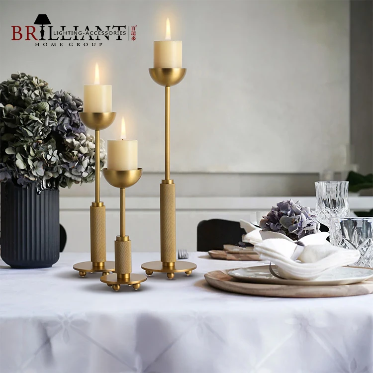New Design Brass Textured Knurled Decorative Living Room Entrance Stainless Steel Holder Candlestick