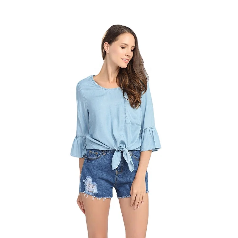 Modern design summer plain dyed denim shirts for women blouses