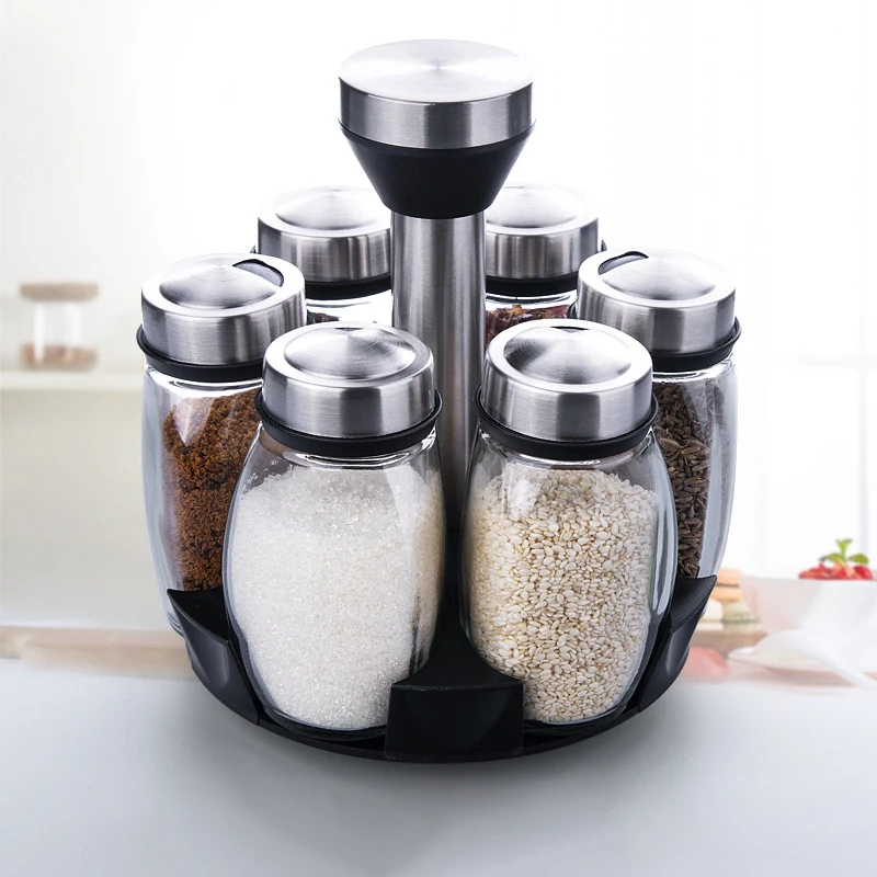 Round Glass Spice Jar Carousel Rotatable Set Spice Rack RotatingTransparent Portable Spice Bottles with Stainless Steel Lid