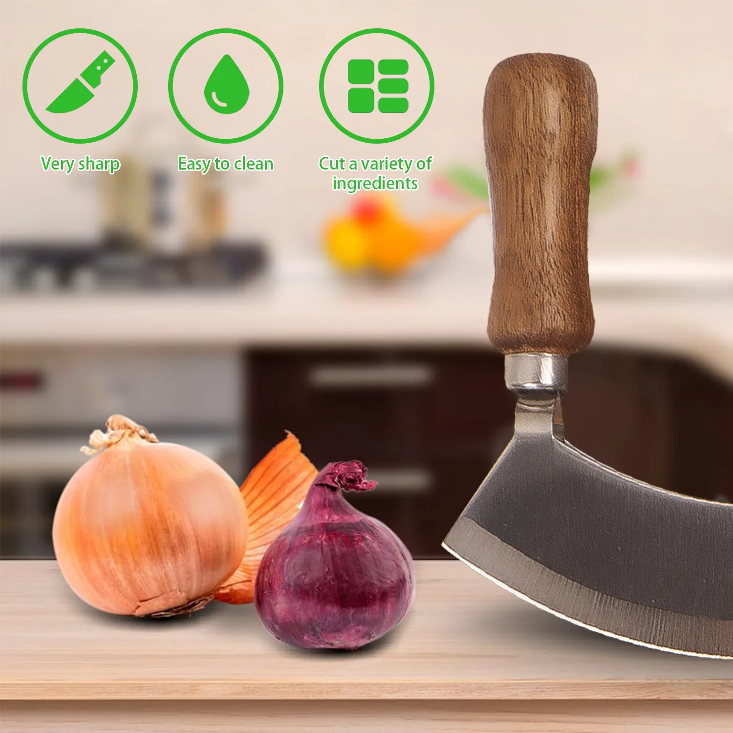 Double Blade Chopping Knife Pizza Cutter Rocker Knife with Stand Salad Chopper Mincing Knife Stainless Steel