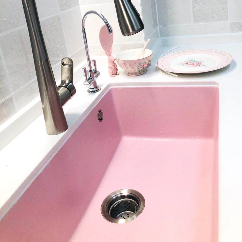 Kitchen Sinks Pink Granite Quartz Kitchen Wash Basin Sink With Cup Washer