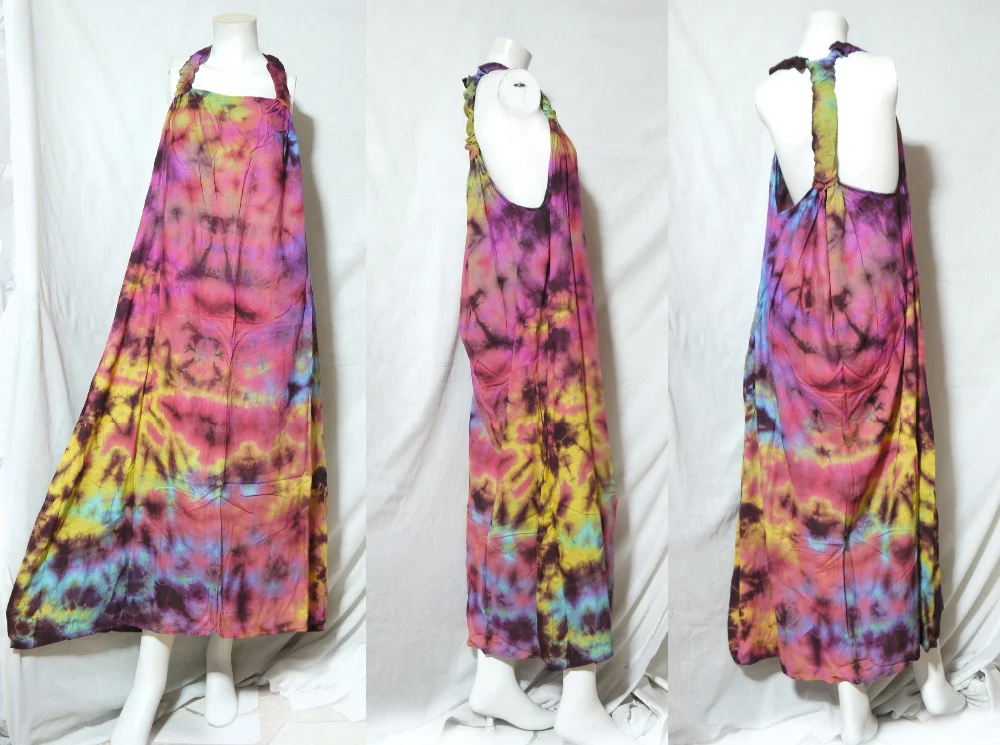vintage retro thai style HIPPIE BOHO tie dye handmade polka dot butterfly knot kaftan tank long maxi dress