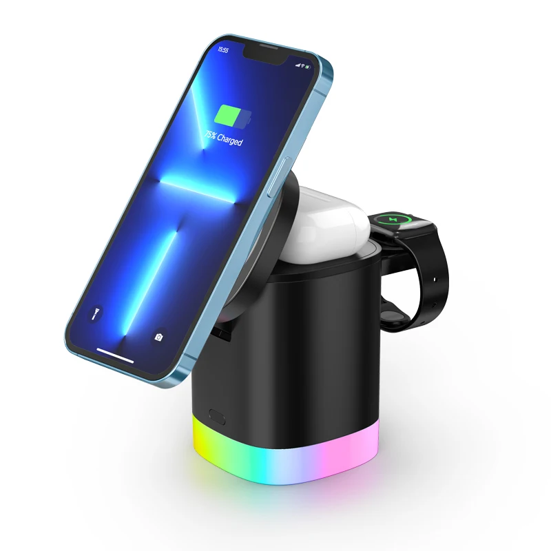 Foldable Superfast  Magnetic Duo 3 In 1 Wireless Phone Charger With Rgb Mood Light