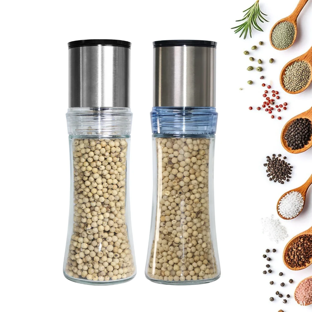 Bottle Glass Spice grinder Ceramic Blades Adjustable Coarseness Brushed Stainless Steel Salt and Pepper Grinder set pepper mill