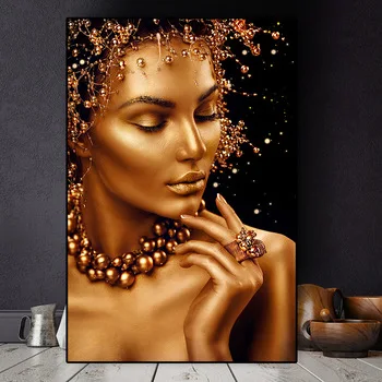African Art Black and Gold Woman Oil Painting on Canvas Cuadros Posters and Prints Scandinavian Wall Art Picture for Living Room