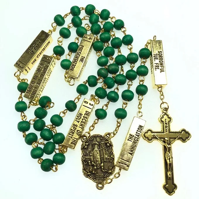 6*7mm rose scented perfume rosary, catholic necklace with five mysteries antique gold fatima center and jesus cross