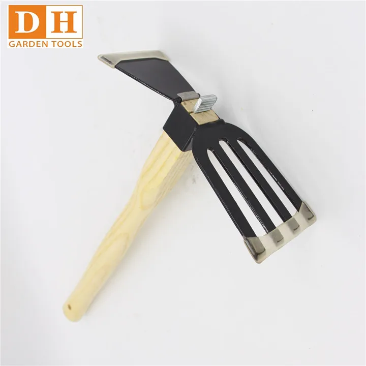 
China made hot selling In North America stainless steel gardening small harrow and hoe with wooden handle Rake hoe 