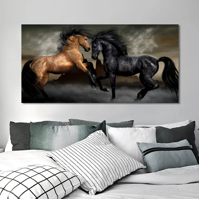 Modern Animals Posters and Prints Wall Art Canvas Painting Two Horses Dancing Pictures for Living Room Decor