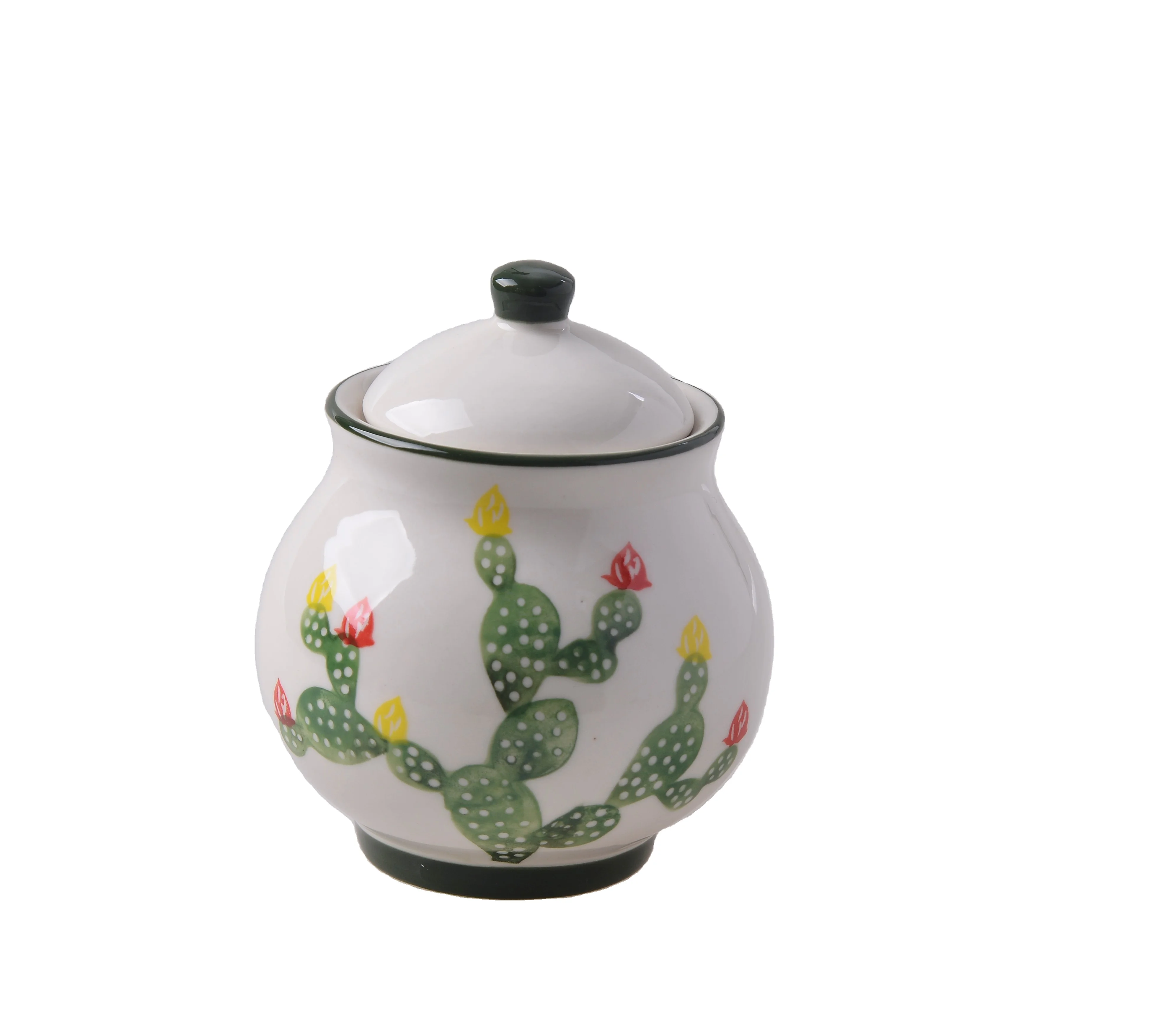 Wholesale cheap cactus pattern glazed ceramic candy sugar pot creamer pots with spoon