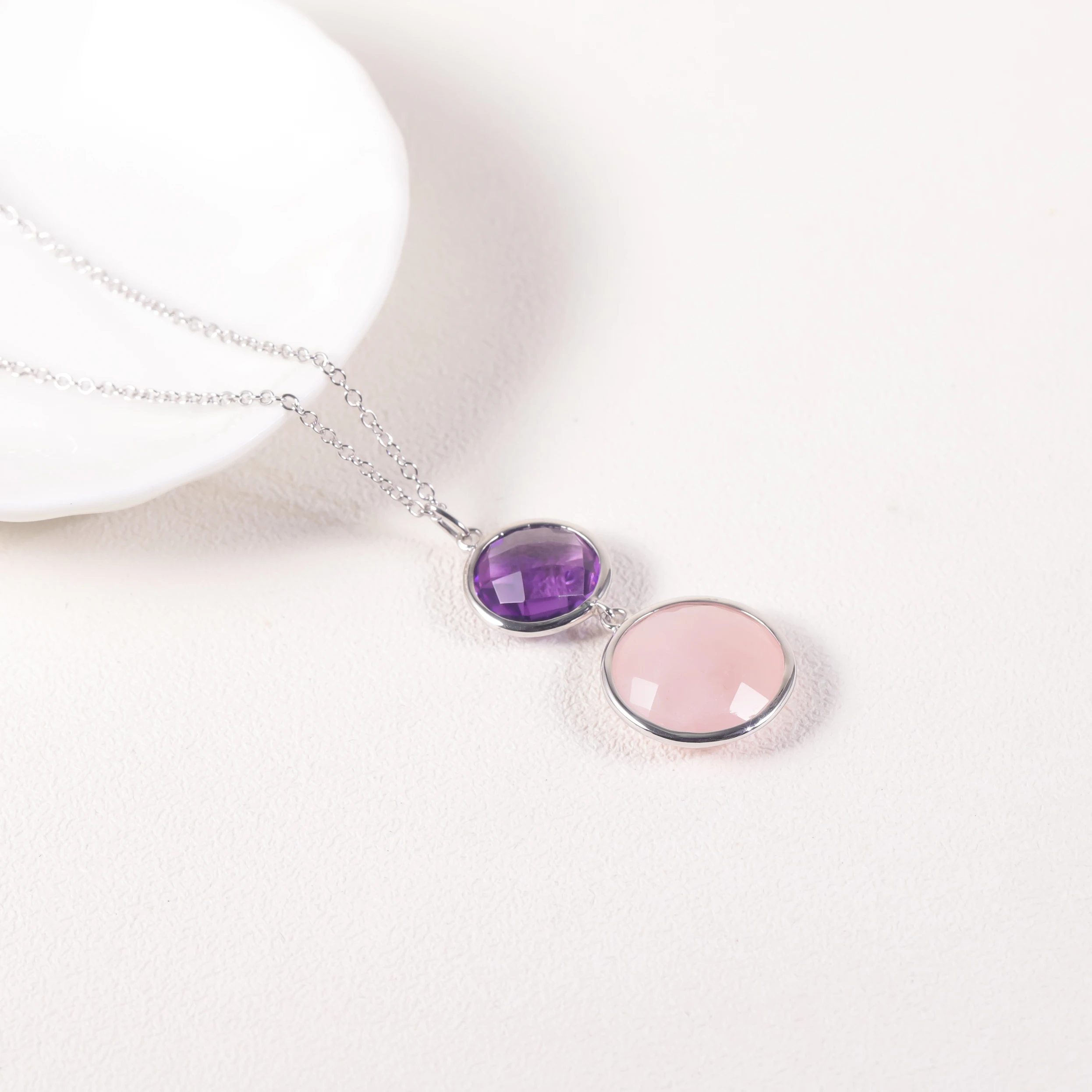 Abiding Latest Designs Natural Amethyst Rose Quartz Gemstone 925 Sterling Silver Adjustable Long Chain Sweater Necklaces