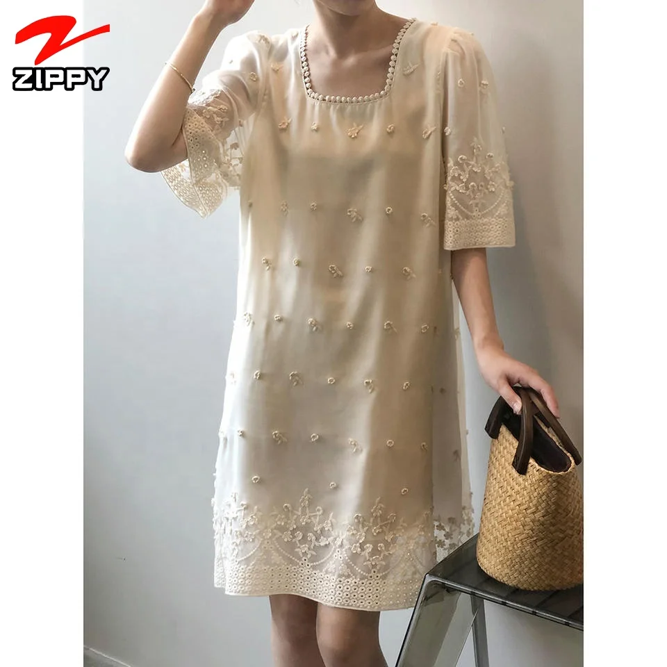 custom Boutique Wholesale French Square Neck Lace Crochet Dress 2022 Summer New Korean Version Sweet Mid-length Dress