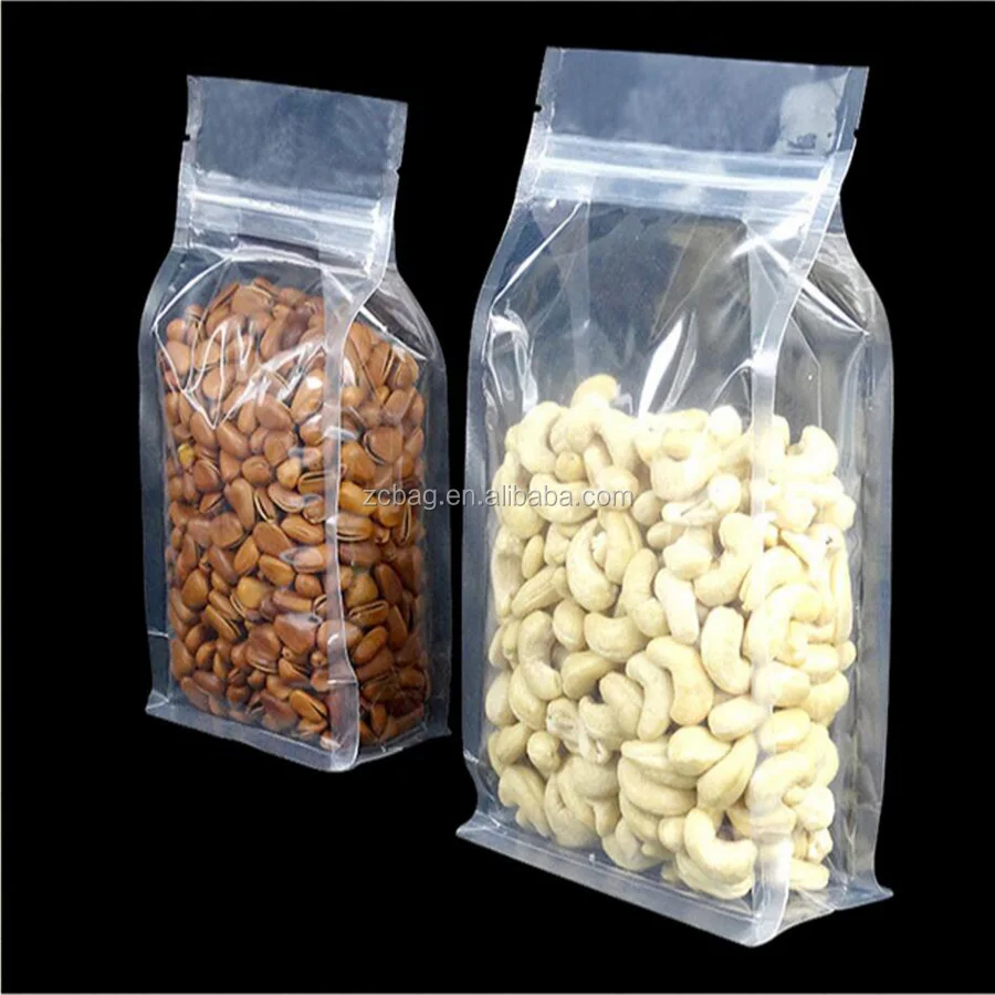 Wholesale Full Clear Transparent Clear Flat Bottom Quad Side Gusseted Customized 100g Coffee Food Grade Pocket Boxpouch Bags