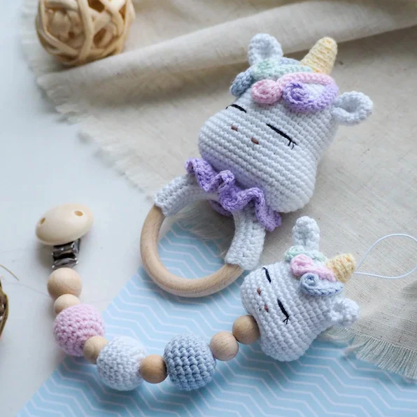Baby Stuffed Toy Crochet Hand Knit Unicorn Rattle Wooden Teether Ring Rattle