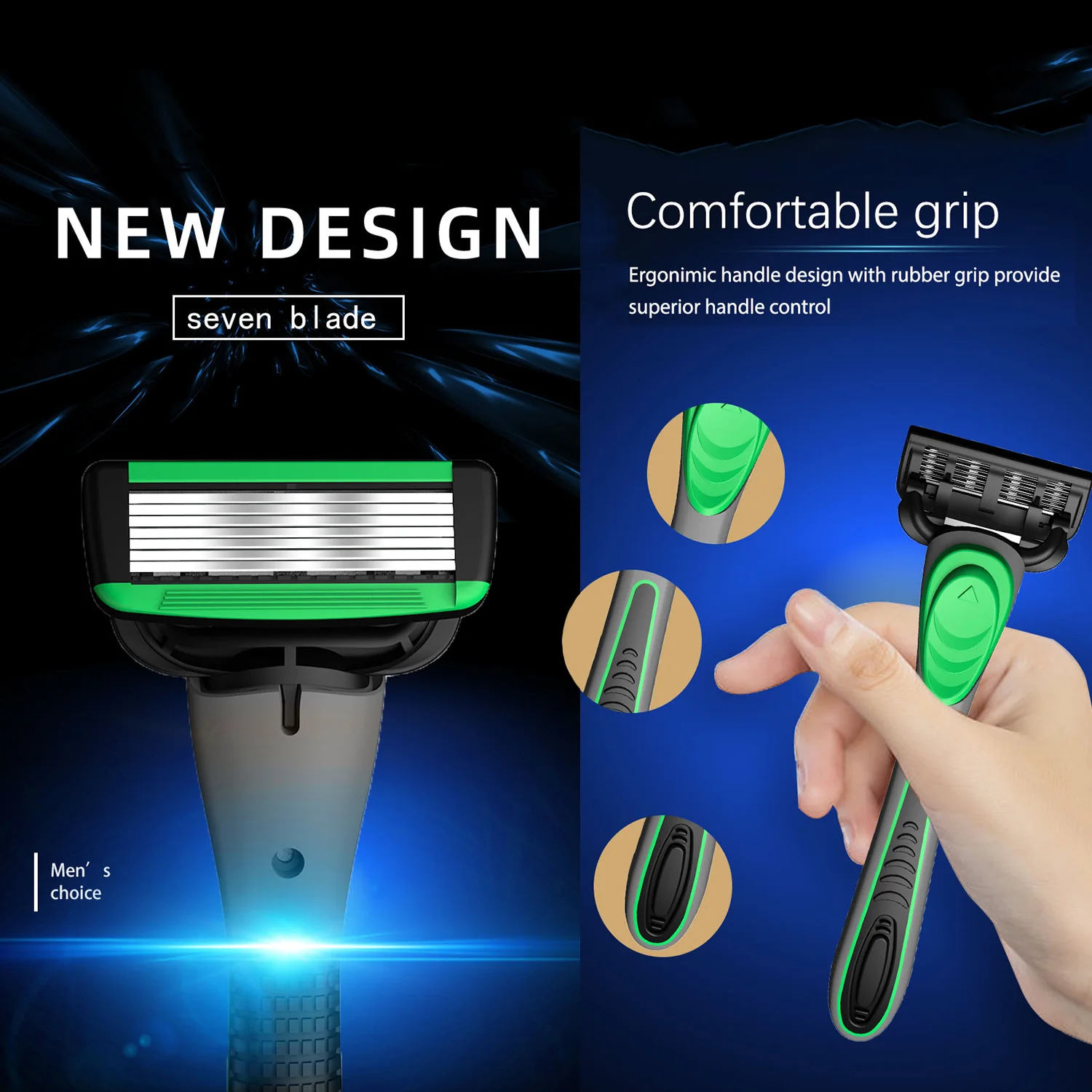 7 Blade Razors for Men,Razors with Lubricating Strip and Non-Slip Rubber Handle,1 Handle and 2 Refills With 7 Blade