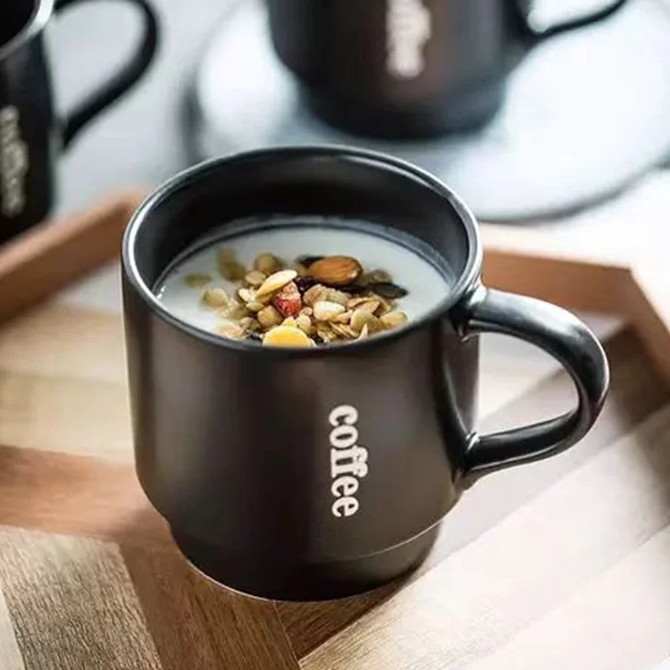 Hot   Ceramic Coffee Cup Set Of 4 Black Matte Black Stackable Tea Cocoa Milk Gift Mug Set With Rack