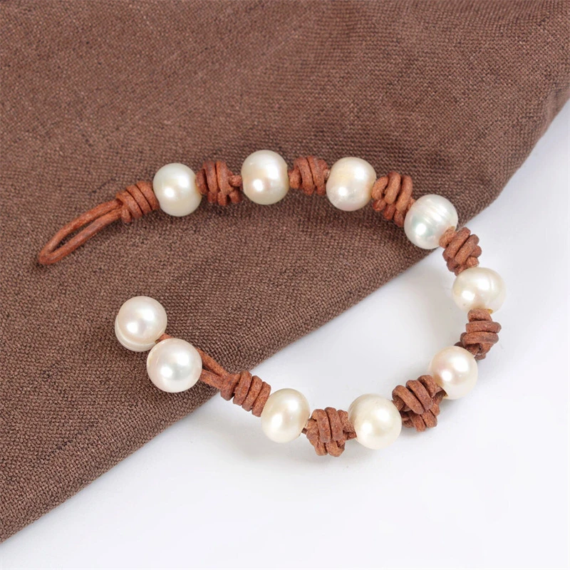 Hot selling unisex style handmade adjustable bracelet leather natural freshwater pearl woven bracelet