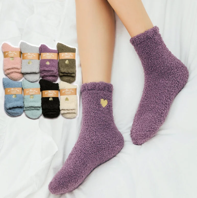 Winter Thicken Coral Velvet Fluffy Thermal Women Sleeping Socks Fashion Embroidery Love Heart Fuzzy Warm Women Socks