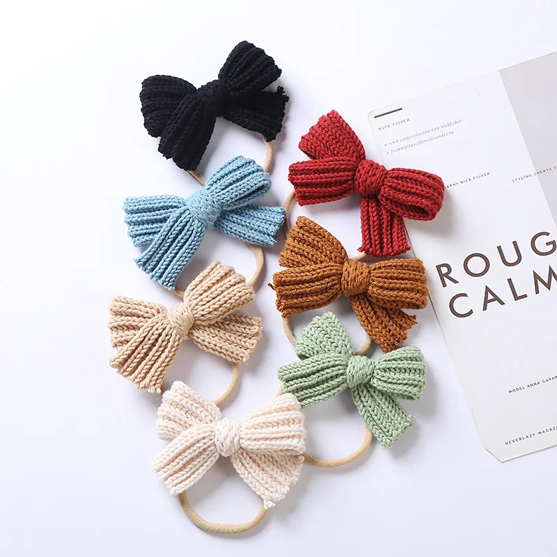 Cute Knitting Wool Bowknot Elastic Hairband Infant Solid Color Crochet Bows Nylon Headband Children Headwear Birthday Gift