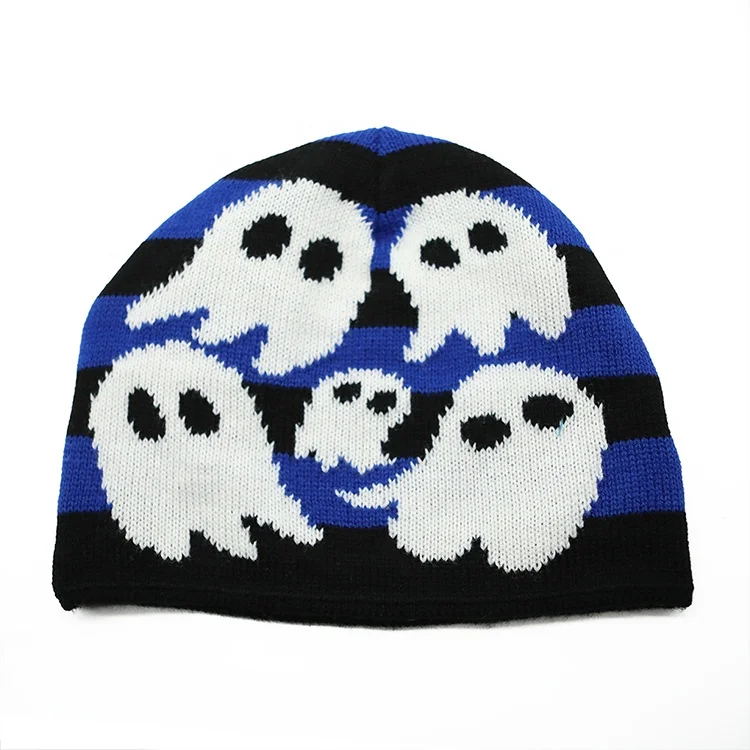 Funny Halloween Pumpkin Ghost Skull Knitted Beanie Hat Custom Logo Jacquard Short Touques Stripe Winter Caps Men Women Gifts