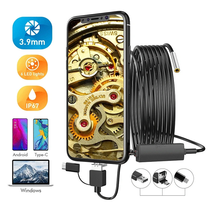 AN100 3in1 Endoscope Camera 3.9MM HD TYPE C USB Android Endoscope Waterproof Borescope Camera flexible Cable Adjustable 6LEDs