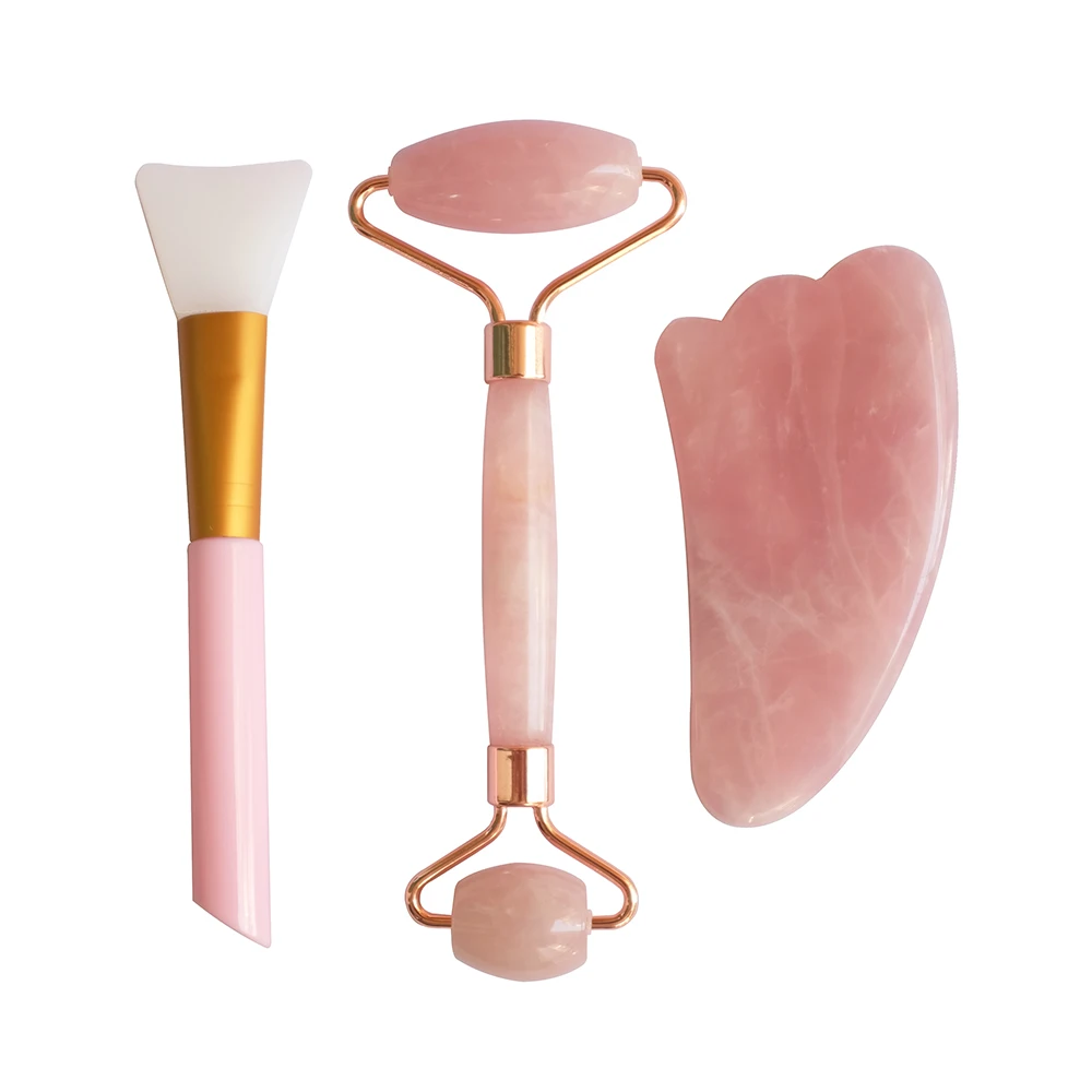 Rose Quartz Roller and Guasha with mask brush set for facial skin care tools