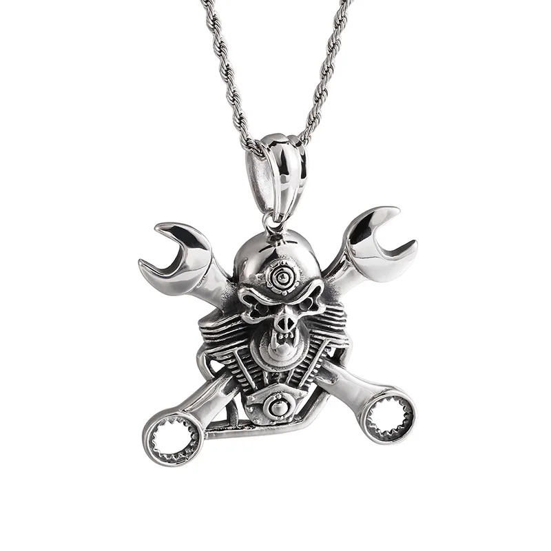 Wholesale Gothic Punk 316L Stainless Steel Skull Necklace With Spanner Pendant Men Jewelry