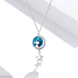 Enamel Jewelry Necklace 925 Sterling Silver White Gold Plated Celestial Stars Moon Pendant Cat Chain Necklace