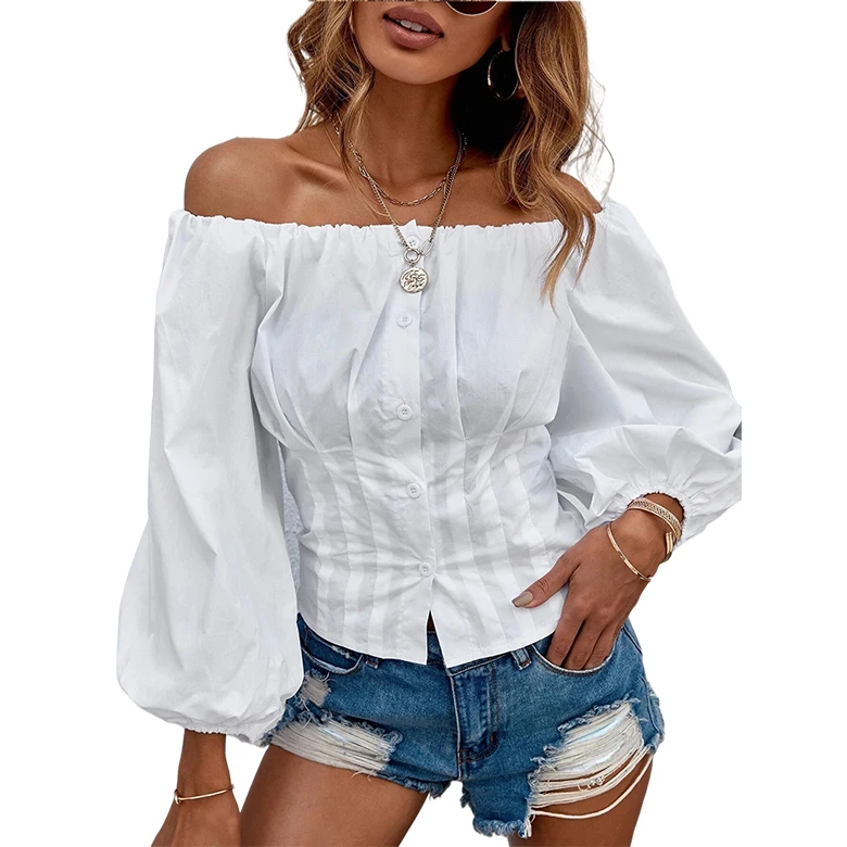 New Arrival Autumn Off  Shoulder long Sleeve Button Elegant Casual slim Ladies Wear Chiffon  Blouses