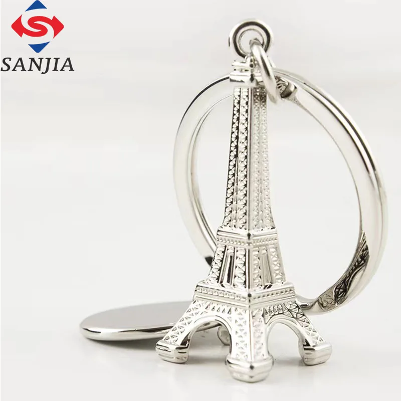 Oem Odm 3d Metal Key Chains Openwork Customize Grande Silver Souvenir Pyramid Metal Keychain With Small Eiffel Tower Metal