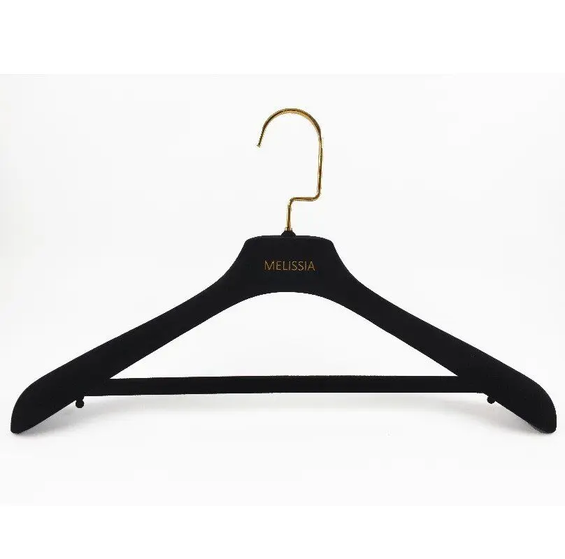 Customized black velvet hanger with crossbar and brand logo