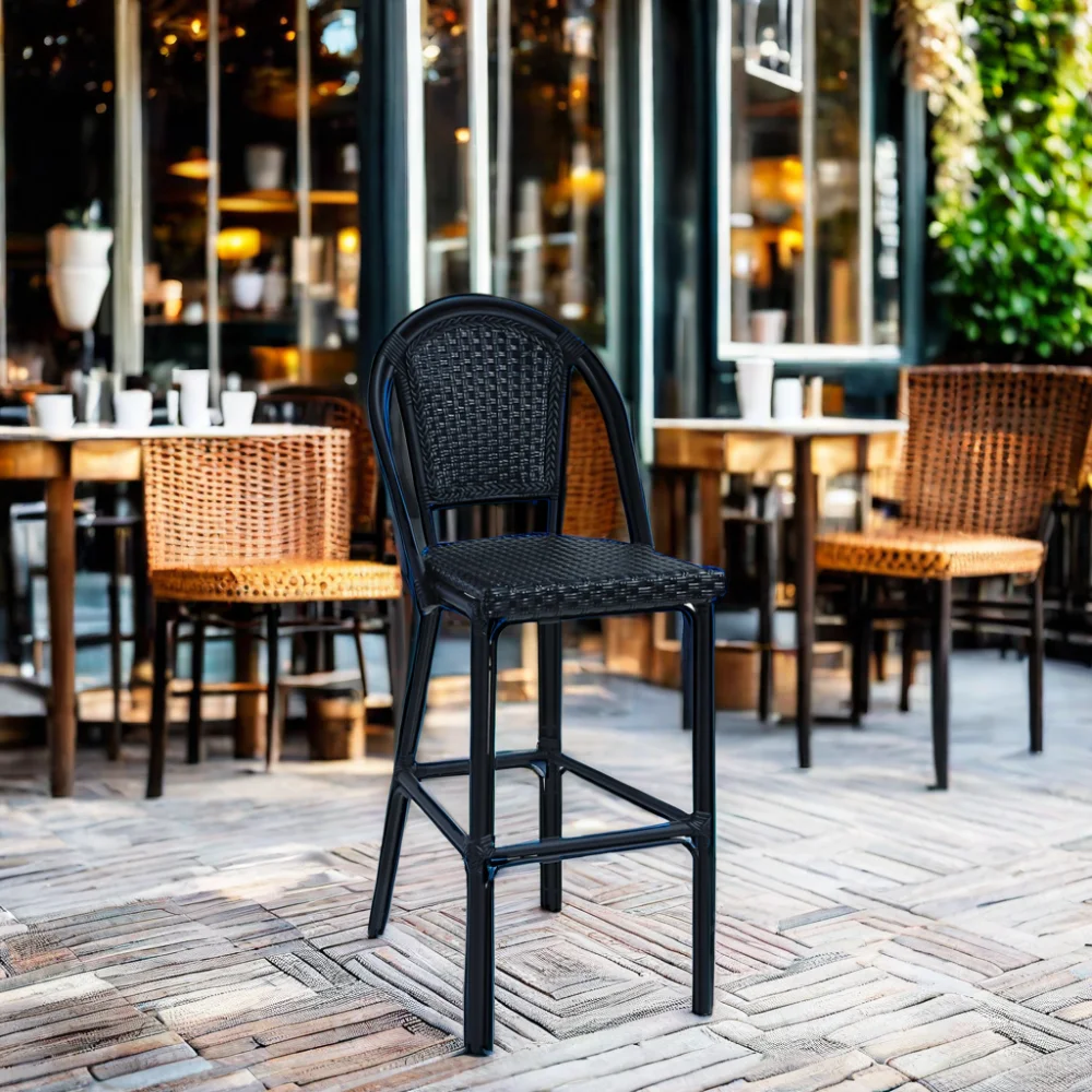 High Aluminum Rattan Counter Bar Stool Outdoor French Bistro Wicker Design for Indoor Outdoor  Use in Laundry Apartment Hall Gym
