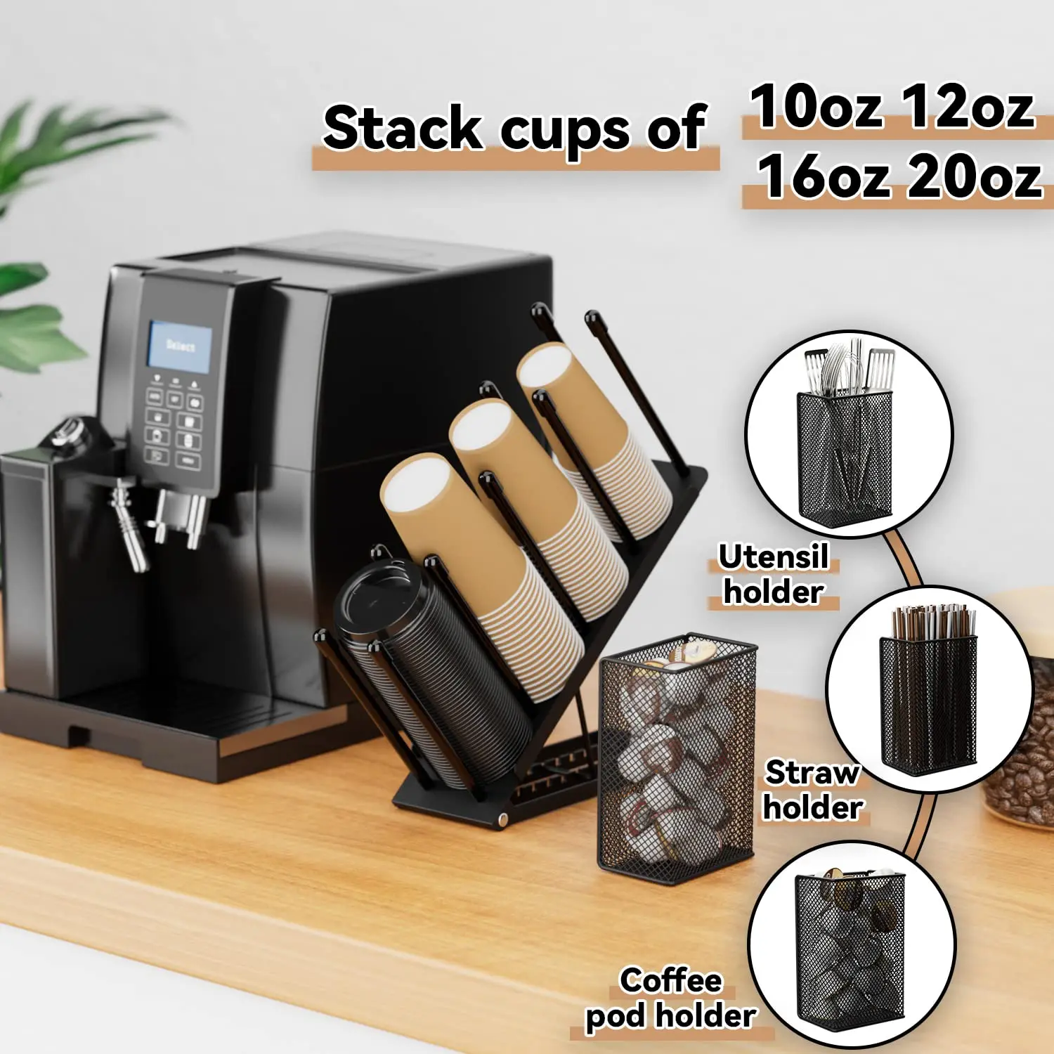 Metal Cup And Lid Organizer Holder Coffee Cup Holder For Desktop 4 Compartment Cup Dispenser Straw Holder Storage