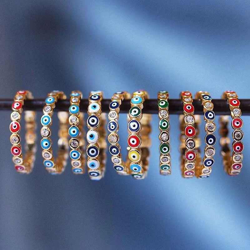 2022  European Fashion Bridal Jewelry Gold Plating Evil Eyes Rings Crystal Blue Oil Drip Eye Ring For Girl