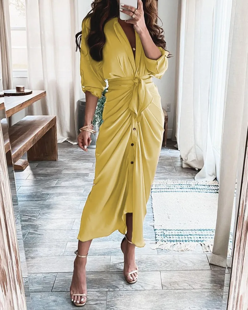 Spring Autumn Summer New Women Button Long Casual Dress Floral Printed Shirt Maxi Dress
