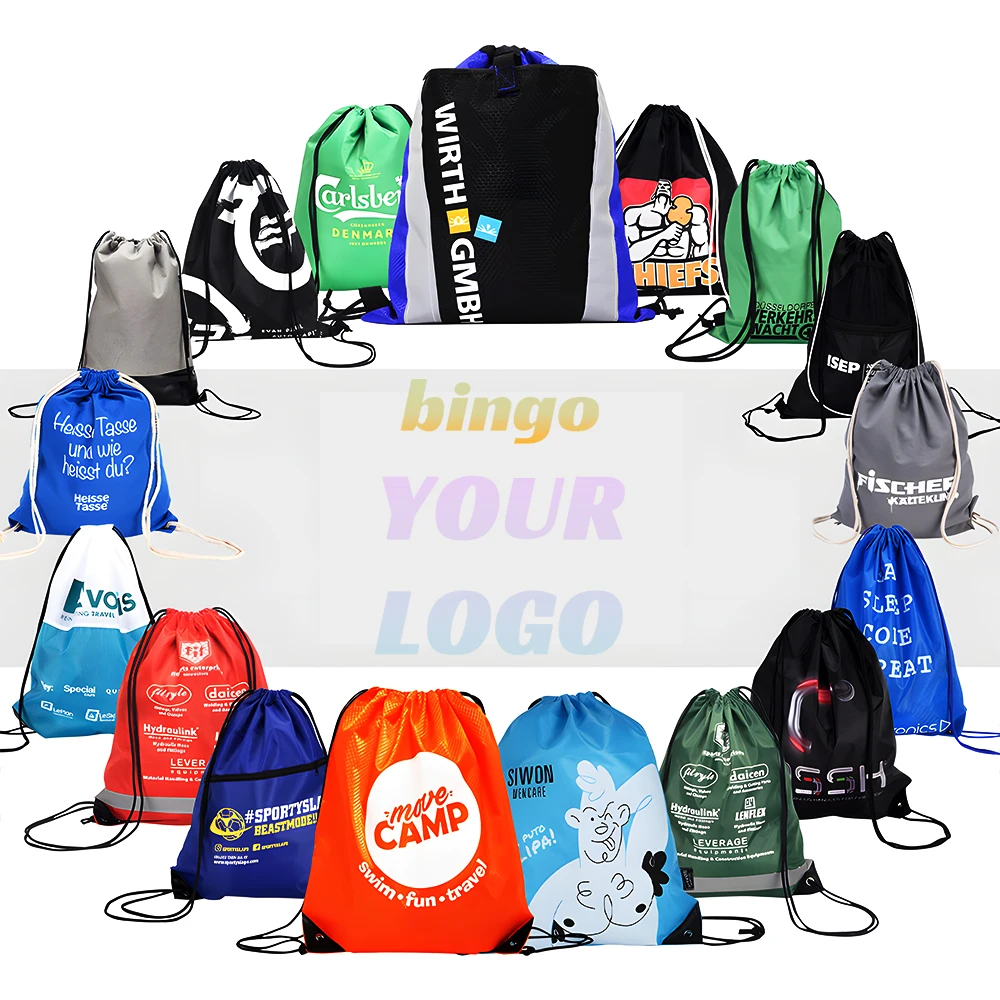 Small Sports Drawstring Backpacks Promo Items Gifts 210D Nylon RPET Material Sport Gym Sack Waterproof Traveling Storage Bags