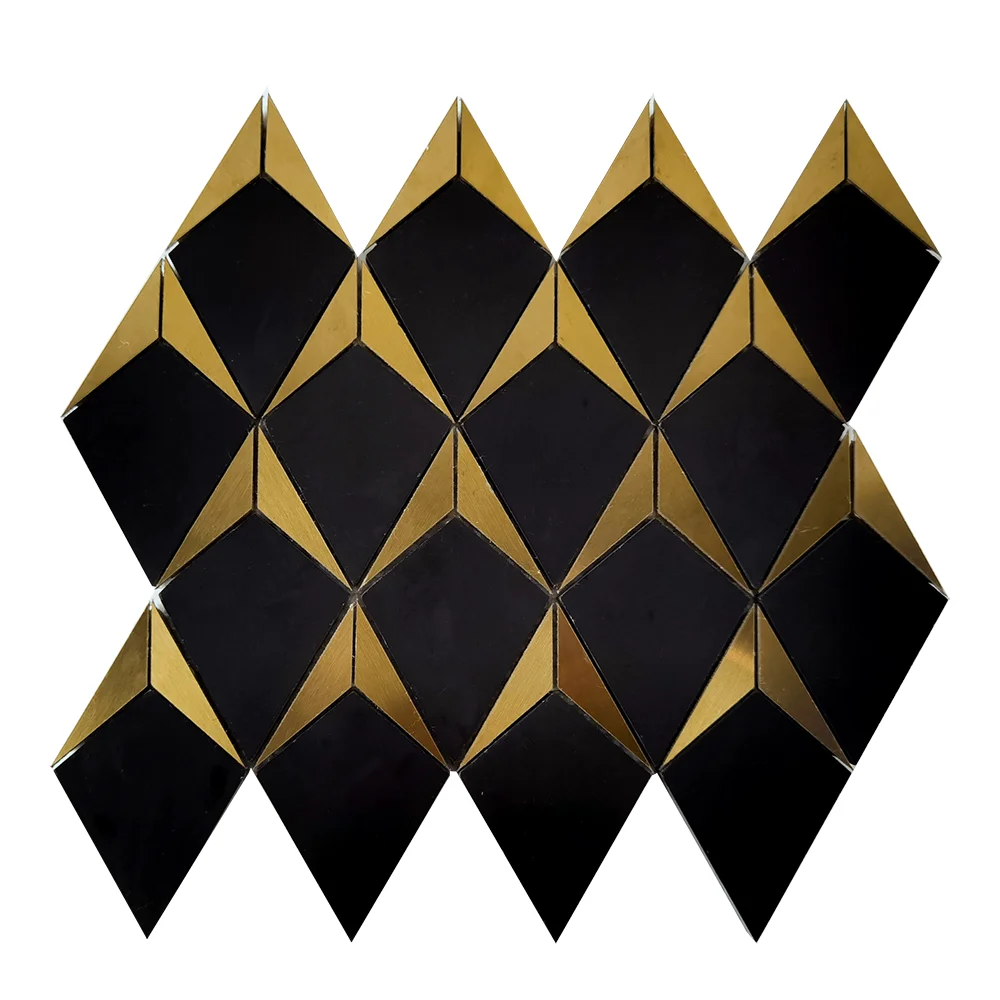 Waterjet brushed gold stainless steel with polished bathroom floor backsplash marble mosaic tile