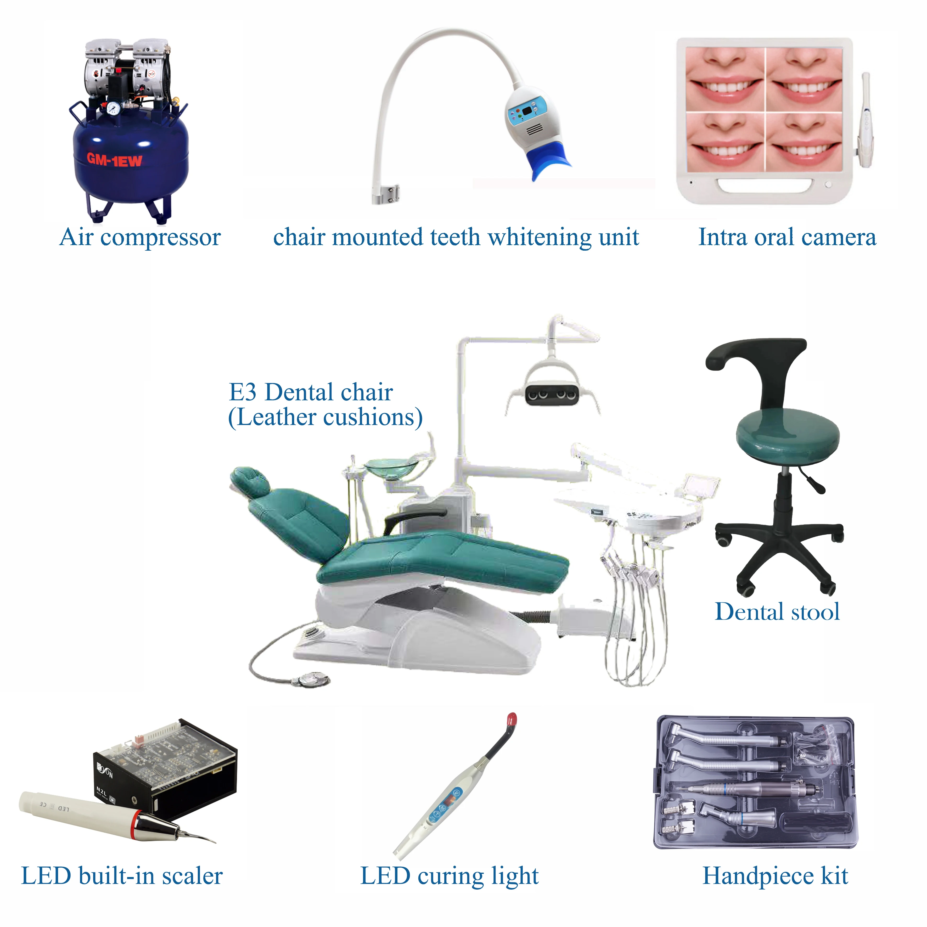Complete Set Economic Dental Unit Chair with Dentist Stool Scaler Curing Light Handpiece Air Compressor Camera Wooden Case Ce E3