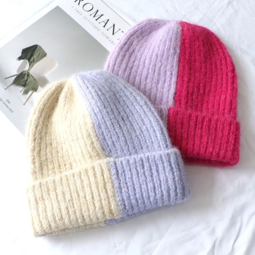 Hengxing fashionable custom knitted premium thick ribbed color block beanie hats